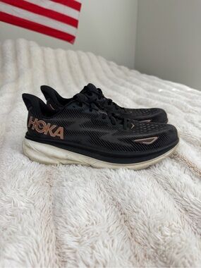 Hoka Women’s Black Running Shoes with Rose Gold Logos